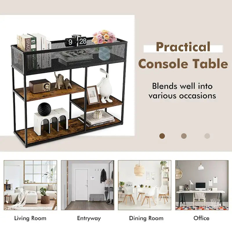 Black 4-Tier Narrow Console Table with Wire Basket
