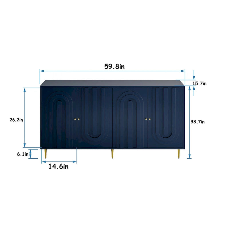 Green / Blue / Gray / Matte Black 4-Door Sideboard, Adjustable Shelves, Gold Knobs & Metal Legs