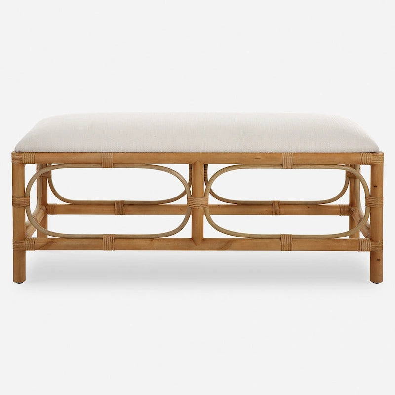 Brown Rattan-Wrapped Rectangular Bench, 2-Person