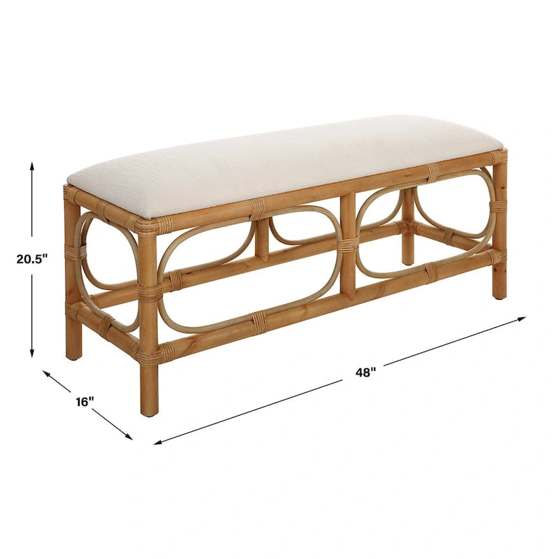 Brown Rattan-Wrapped Rectangular Bench, 2-Person