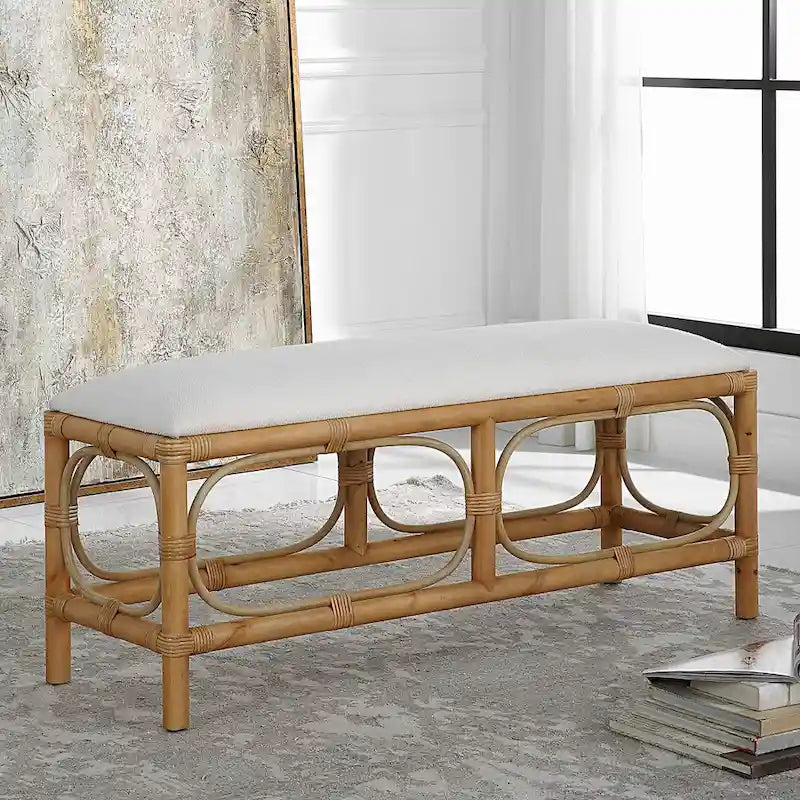 Brown Rattan-Wrapped Rectangular Bench, 2-Person