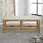 Brown Rattan-Wrapped Rectangular Bench, 2-Person