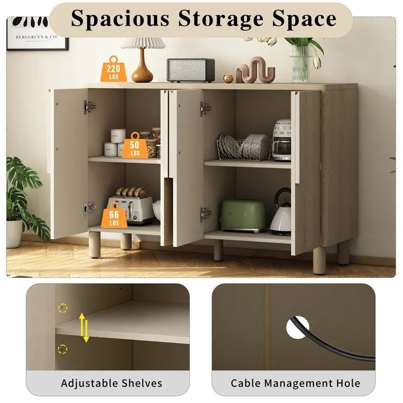 Natural, Minimalist, 4-Door Sideboard Cabinet, 2-Person Assembly