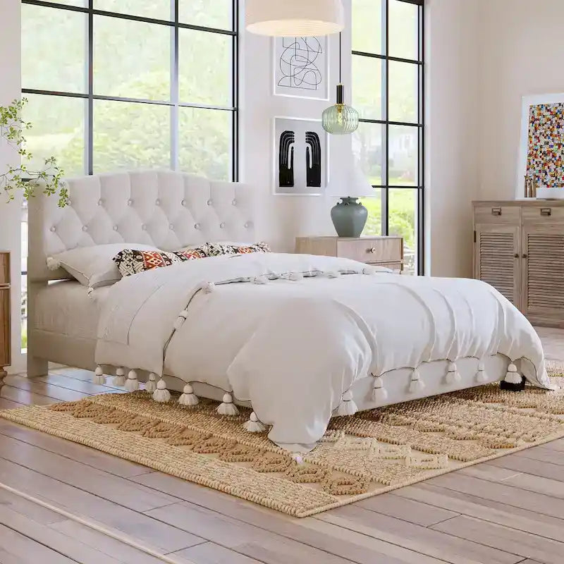 Gray Upholstered Platform Bed, Curved Diamond-Tufted Headboard, Full/Queen/King, Fits 2