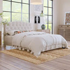 Gray Upholstered Platform Bed, Curved Diamond-Tufted Headboard, Full/Queen/King, Fits 2