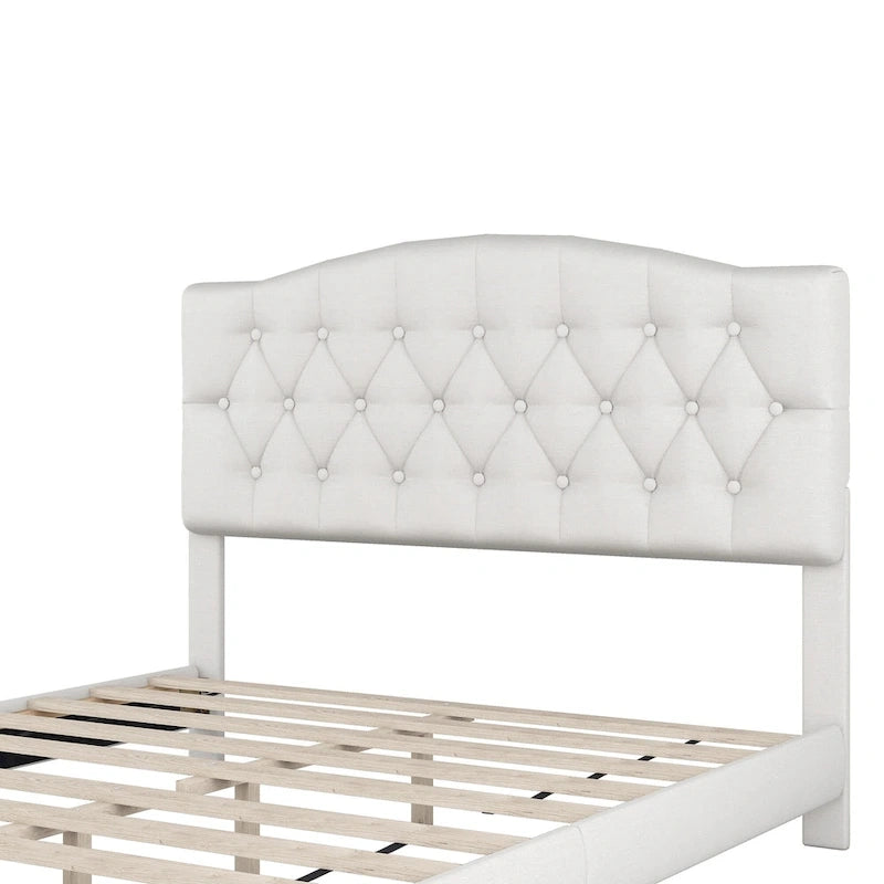 Gray Upholstered Platform Bed, Curved Diamond-Tufted Headboard, Full/Queen/King, Fits 2