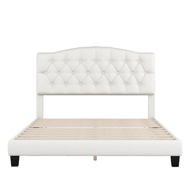 Gray Upholstered Platform Bed, Curved Diamond-Tufted Headboard, Full/Queen/King, Fits 2