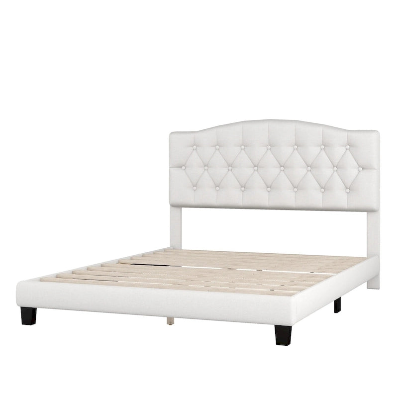 Gray Upholstered Platform Bed, Curved Diamond-Tufted Headboard, Full/Queen/King, Fits 2
