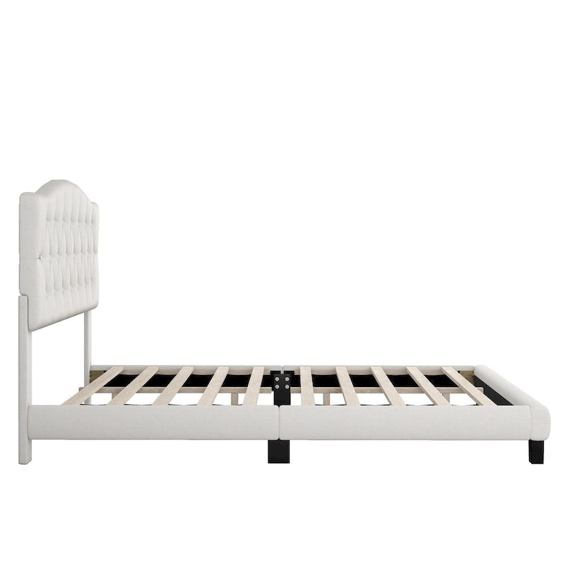 Gray Upholstered Platform Bed, Curved Diamond-Tufted Headboard, Full/Queen/King, Fits 2
