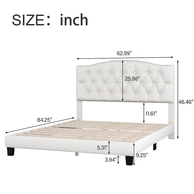 Gray Upholstered Platform Bed, Curved Diamond-Tufted Headboard, Full/Queen/King, Fits 2