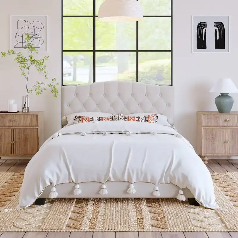 Gray Upholstered Platform Bed, Curved Diamond-Tufted Headboard, Full/Queen/King, Fits 2