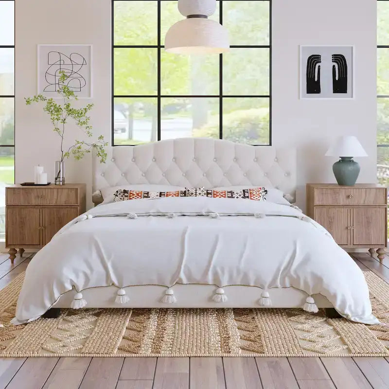 Gray Upholstered Platform Bed, Curved Diamond-Tufted Headboard, Full/Queen/King, Fits 2