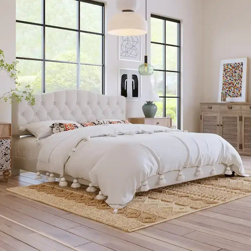 Gray Upholstered Platform Bed, Curved Diamond-Tufted Headboard, Full/Queen/King, Fits 2