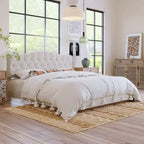 Gray Upholstered Platform Bed, Curved Diamond-Tufted Headboard, Full/Queen/King, Fits 2