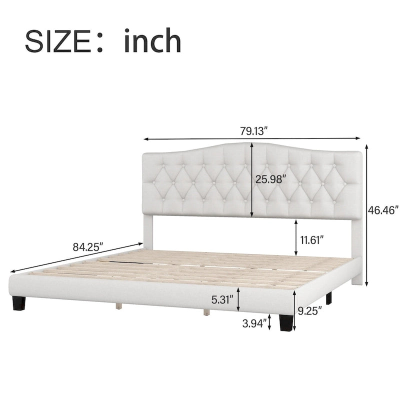 Gray Upholstered Platform Bed, Curved Diamond-Tufted Headboard, Full/Queen/King, Fits 2