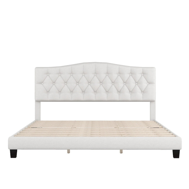 Gray Upholstered Platform Bed, Curved Diamond-Tufted Headboard, Full/Queen/King, Fits 2