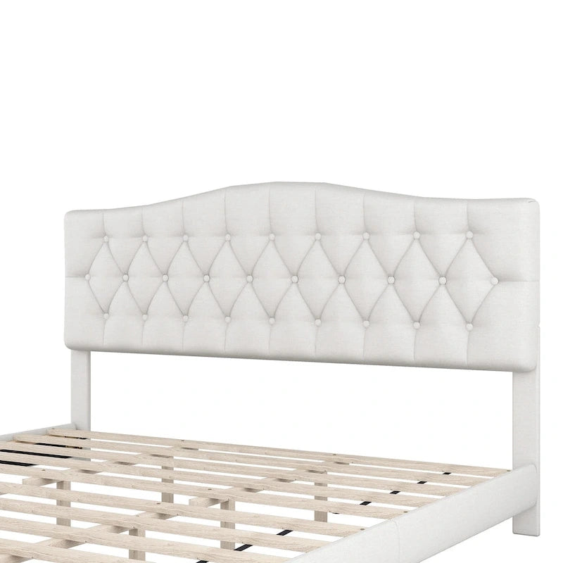 Gray Upholstered Platform Bed, Curved Diamond-Tufted Headboard, Full/Queen/King, Fits 2