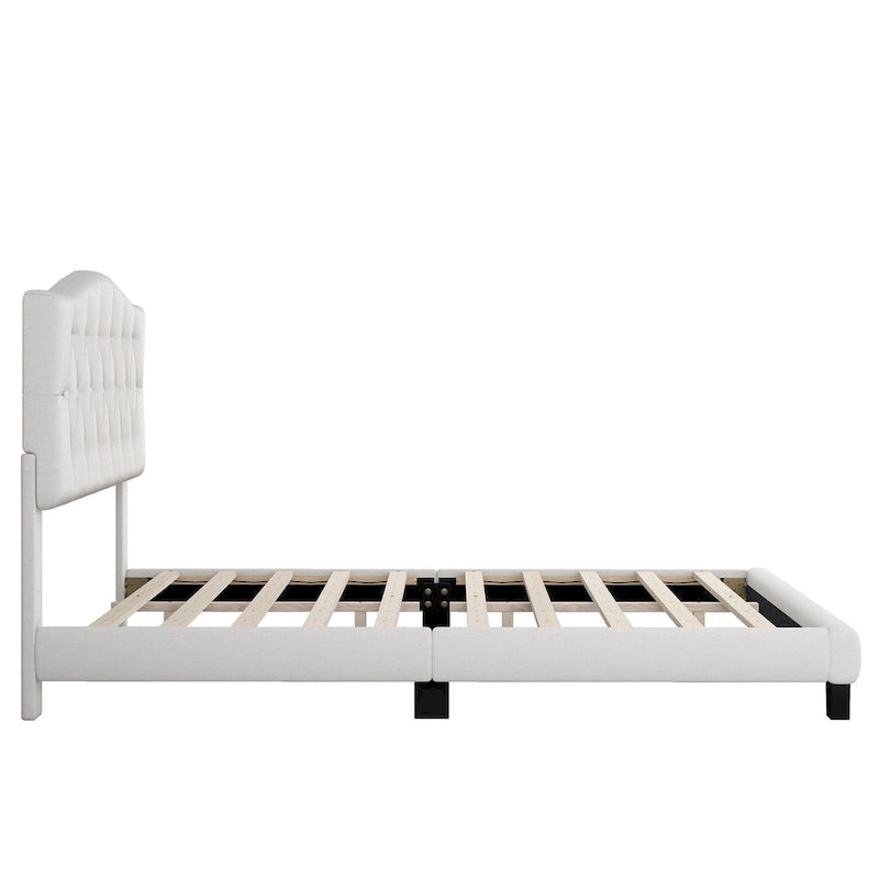Gray Upholstered Platform Bed, Curved Diamond-Tufted Headboard, Full/Queen/King, Fits 2