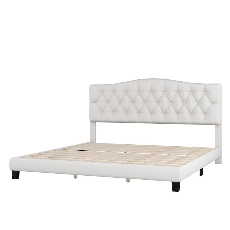 Gray Upholstered Platform Bed, Curved Diamond-Tufted Headboard, Full/Queen/King, Fits 2