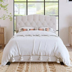 Gray Upholstered Platform Bed, Curved Diamond-Tufted Headboard, Full/Queen/King, Fits 2