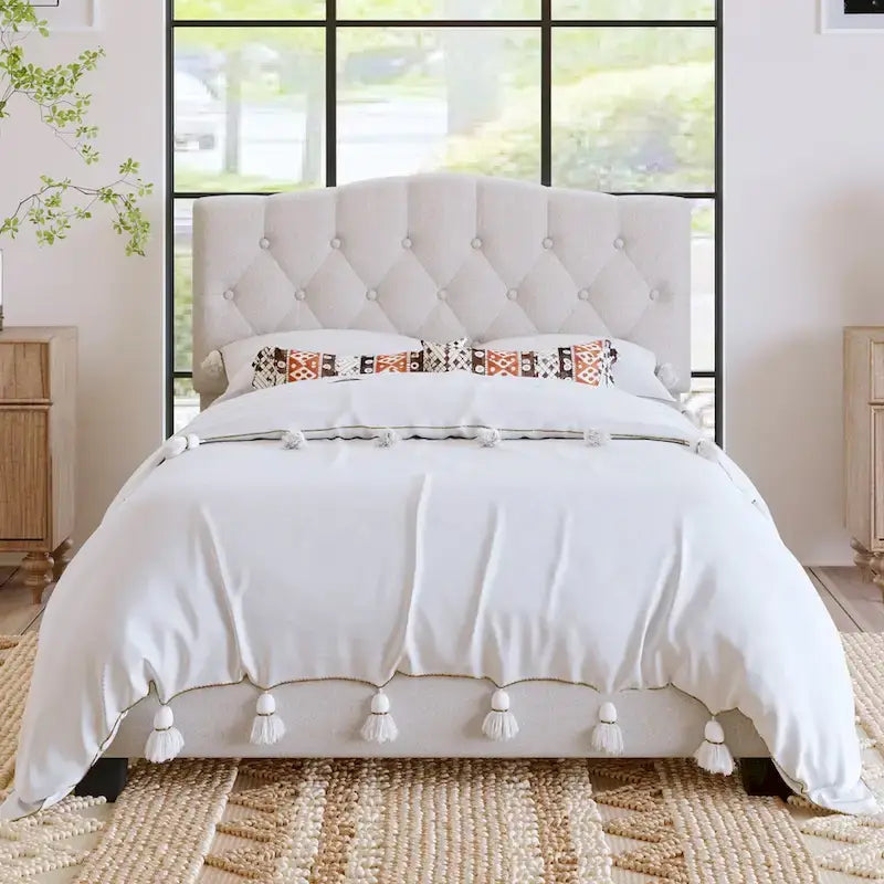 Gray Upholstered Platform Bed, Curved Diamond-Tufted Headboard, Full/Queen/King, Fits 2