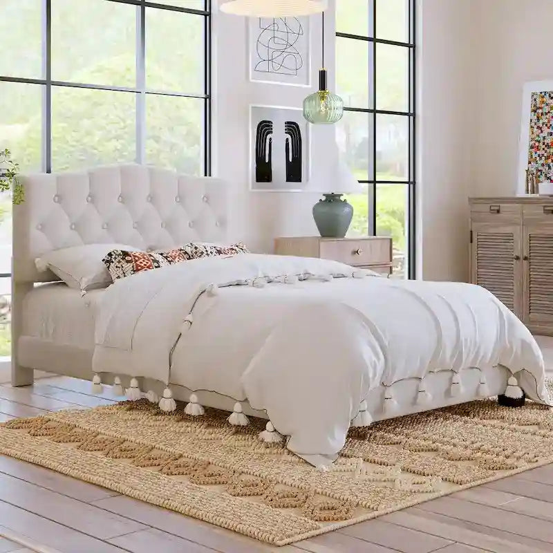 Gray Upholstered Platform Bed, Curved Diamond-Tufted Headboard, Full/Queen/King, Fits 2