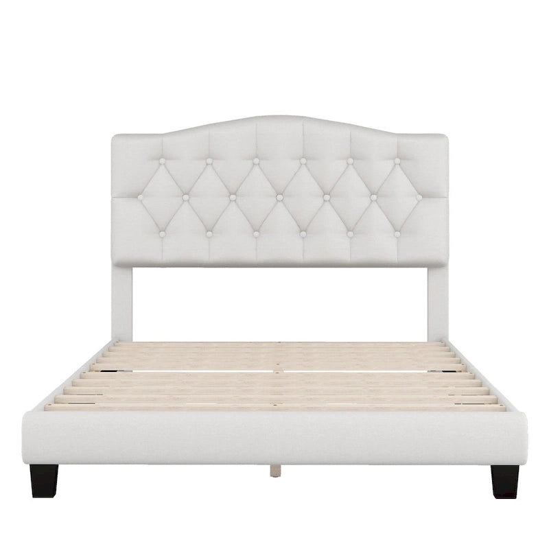 Gray Upholstered Platform Bed, Curved Diamond-Tufted Headboard, Full/Queen/King, Fits 2
