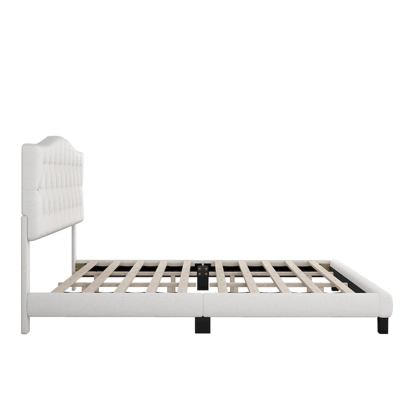 Gray Upholstered Platform Bed, Curved Diamond-Tufted Headboard, Full/Queen/King, Fits 2