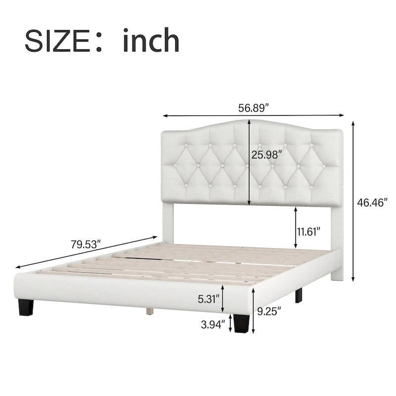 Gray Upholstered Platform Bed, Curved Diamond-Tufted Headboard, Full/Queen/King, Fits 2