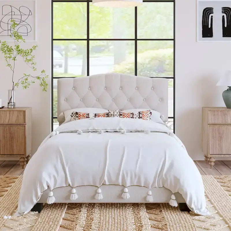 Gray Upholstered Platform Bed, Curved Diamond-Tufted Headboard, Full/Queen/King, Fits 2