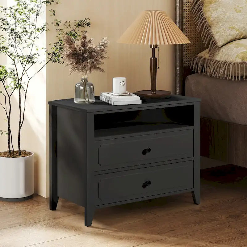 Dark Grey / White / Black Wide Nightstand with 2 Drawers & Open Shelf – 1-Person Bedside Table