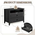 Dark Grey / White / Black Wide Nightstand with 2 Drawers & Open Shelf – 1-Person Bedside Table