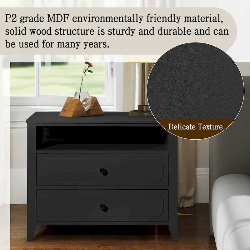 Dark Grey / White / Black Wide Nightstand with 2 Drawers & Open Shelf – 1-Person Bedside Table