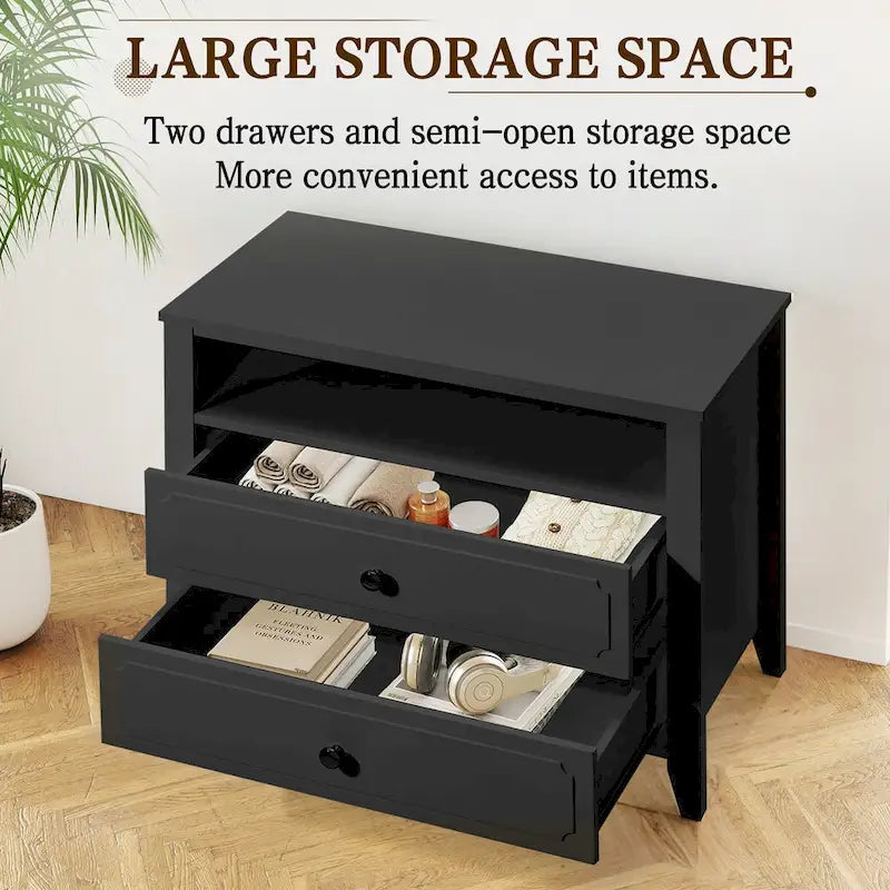 Dark Grey / White / Black Wide Nightstand with 2 Drawers & Open Shelf – 1-Person Bedside Table