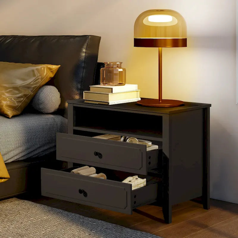 Dark Grey / White / Black Wide Nightstand with 2 Drawers & Open Shelf – 1-Person Bedside Table