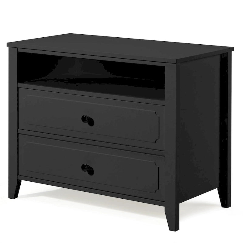 Dark Grey / White / Black Wide Nightstand with 2 Drawers & Open Shelf – 1-Person Bedside Table