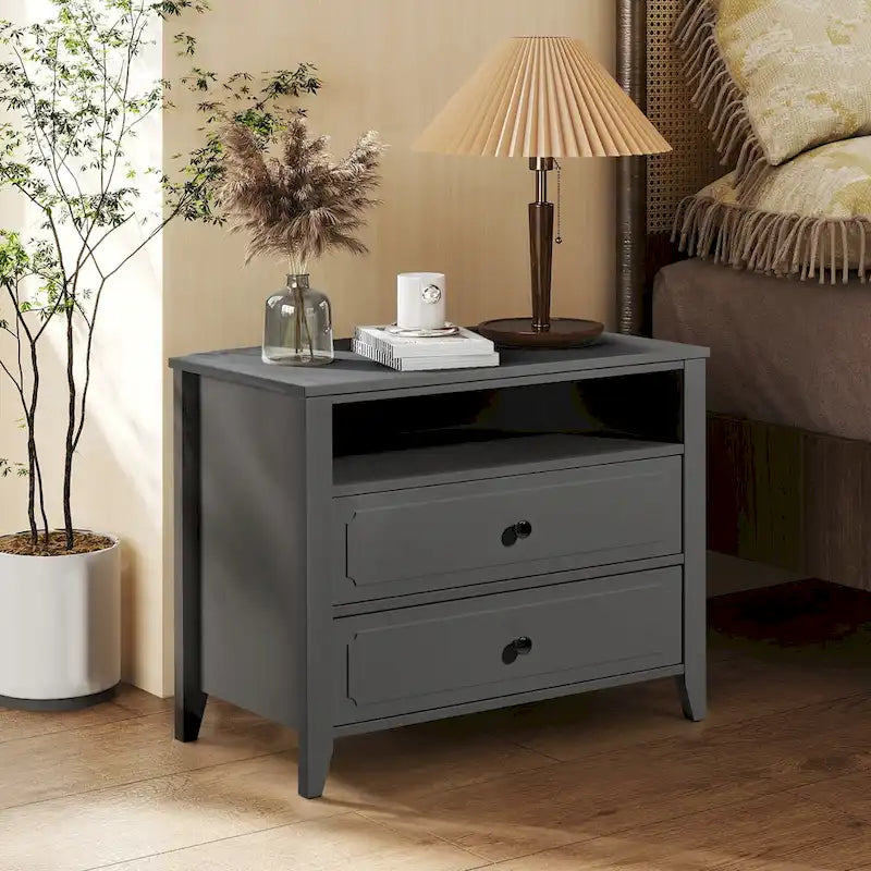 Dark Grey / White / Black Wide Nightstand with 2 Drawers & Open Shelf – 1-Person Bedside Table