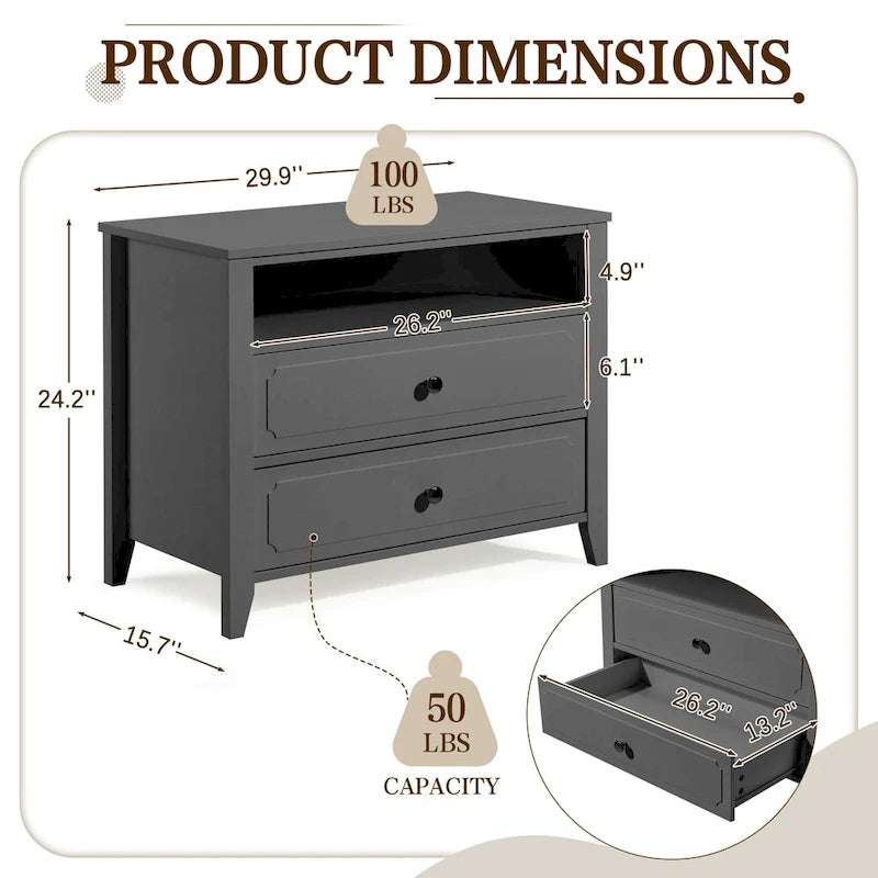 Dark Grey / White / Black Wide Nightstand with 2 Drawers & Open Shelf – 1-Person Bedside Table