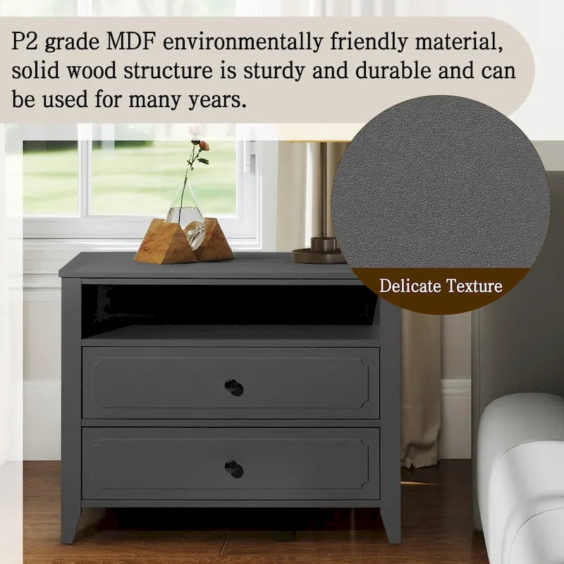 Dark Grey / White / Black Wide Nightstand with 2 Drawers & Open Shelf – 1-Person Bedside Table