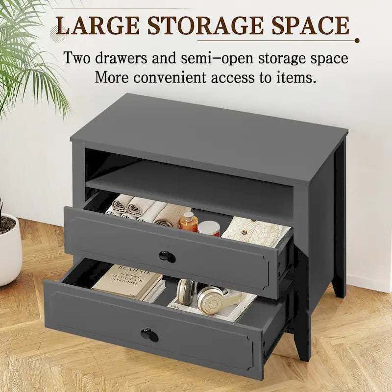 Dark Grey / White / Black Wide Nightstand with 2 Drawers & Open Shelf – 1-Person Bedside Table