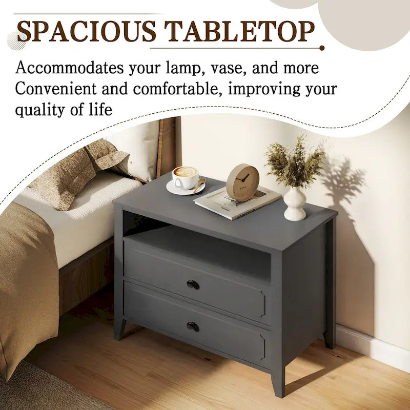 Dark Grey / White / Black Wide Nightstand with 2 Drawers & Open Shelf – 1-Person Bedside Table