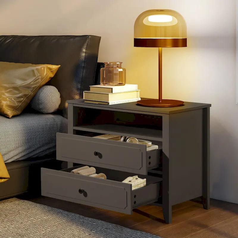 Dark Grey / White / Black Wide Nightstand with 2 Drawers & Open Shelf – 1-Person Bedside Table