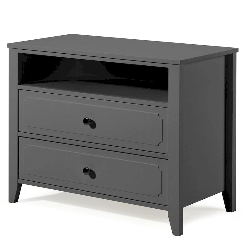 Dark Grey / White / Black Wide Nightstand with 2 Drawers & Open Shelf – 1-Person Bedside Table