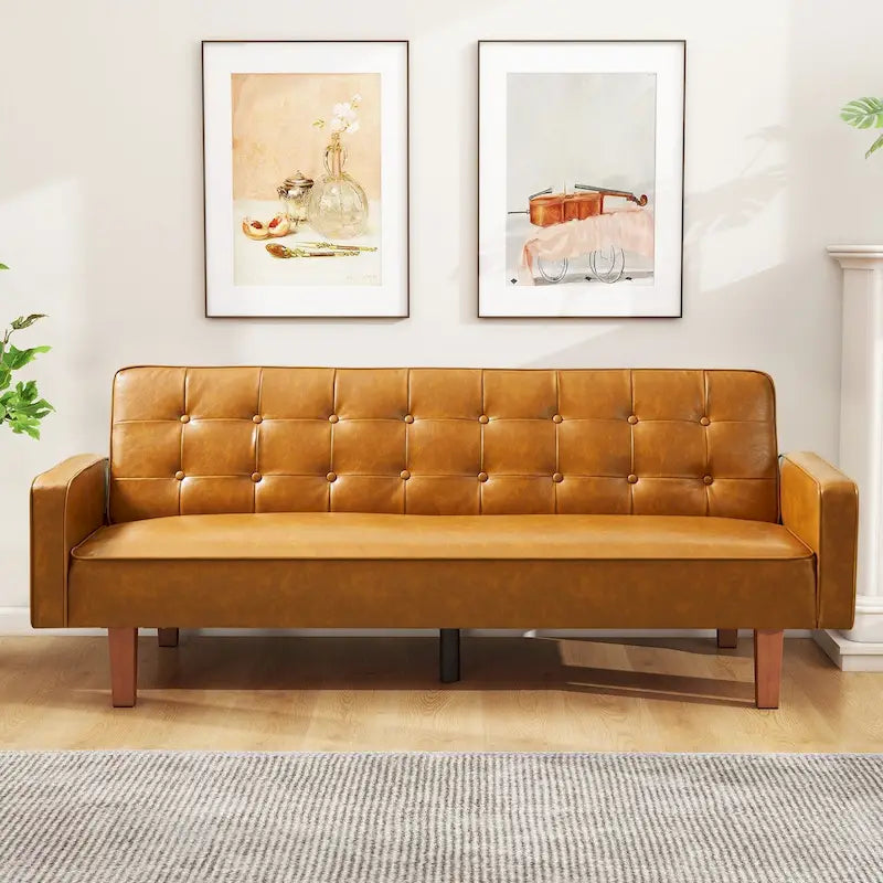 3-Seat Convertible Futon Sofa, Brown/White/Black/Gray, Mid-Century Button Tufted