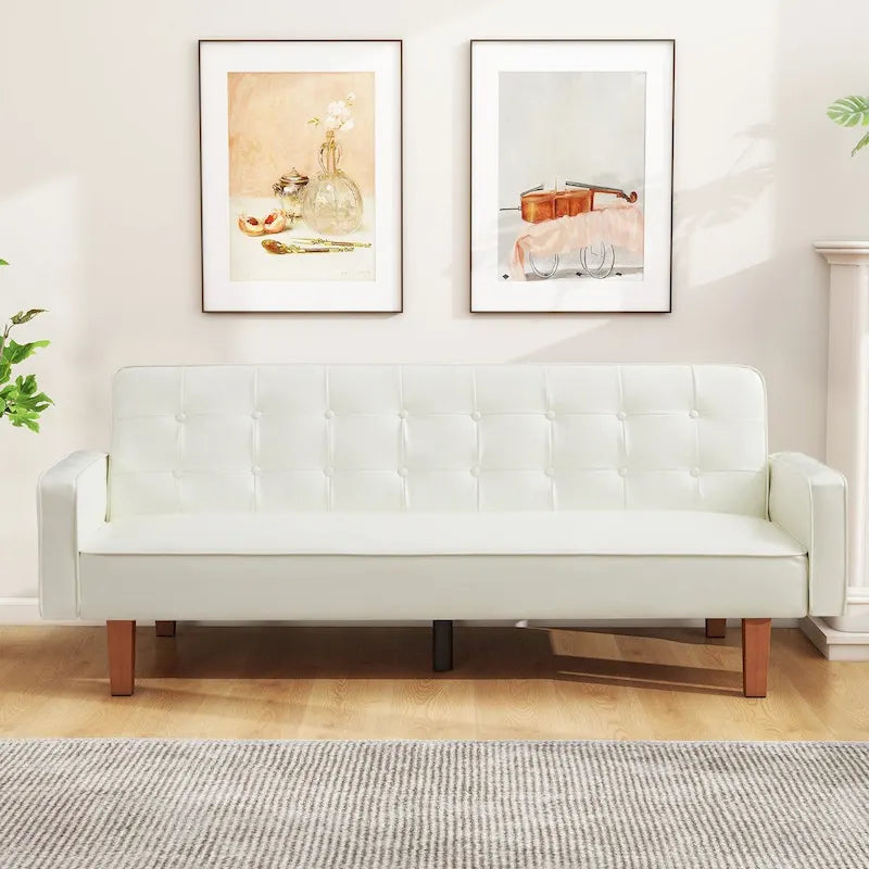 3-Seat Convertible Futon Sofa, Brown/White/Black/Gray, Mid-Century Button Tufted