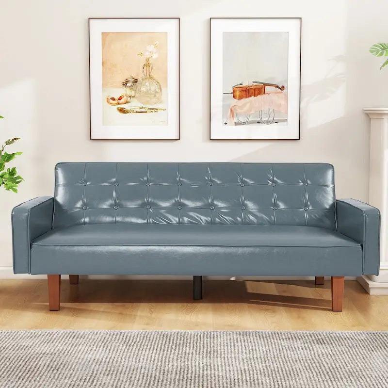 3-Seat Convertible Futon Sofa, Brown/White/Black/Gray, Mid-Century Button Tufted