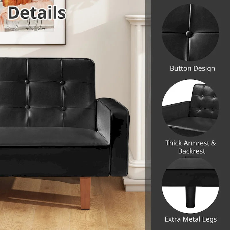 3-Seat Convertible Futon Sofa, Brown/White/Black/Gray, Mid-Century Button Tufted