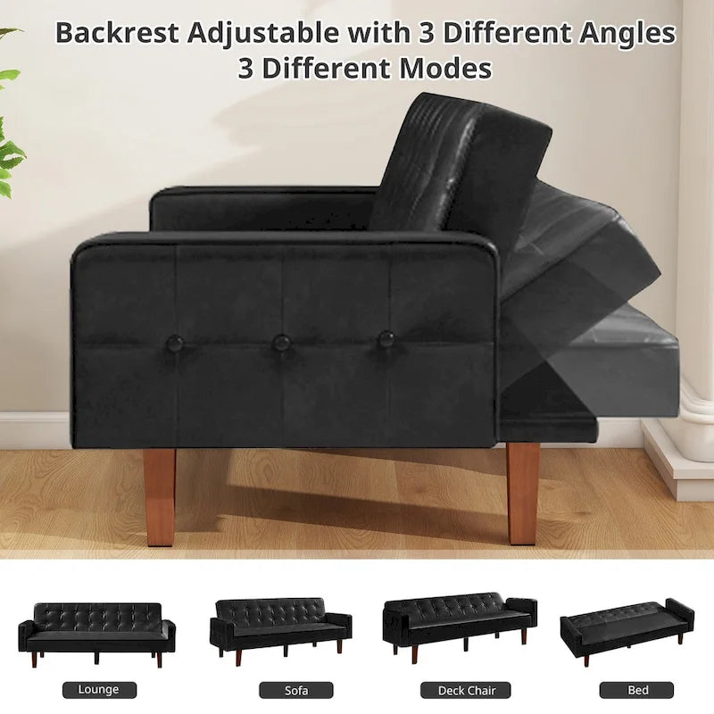 3-Seat Convertible Futon Sofa, Brown/White/Black/Gray, Mid-Century Button Tufted