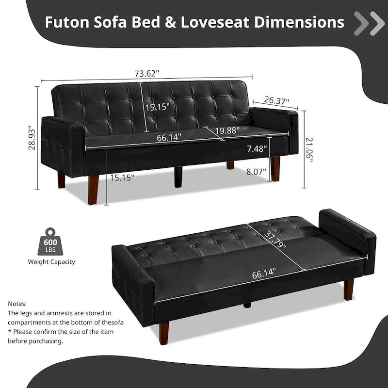 3-Seat Convertible Futon Sofa, Brown/White/Black/Gray, Mid-Century Button Tufted