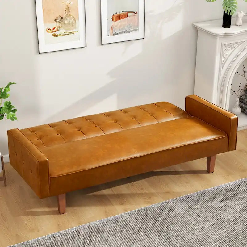 3-Seat Convertible Futon Sofa, Brown/White/Black/Gray, Mid-Century Button Tufted